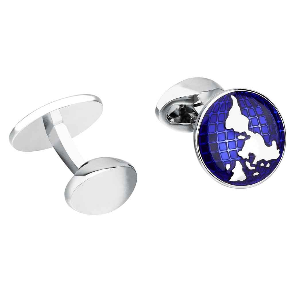 Silver cufflinks featuring blue globe map motif with round faces and posts