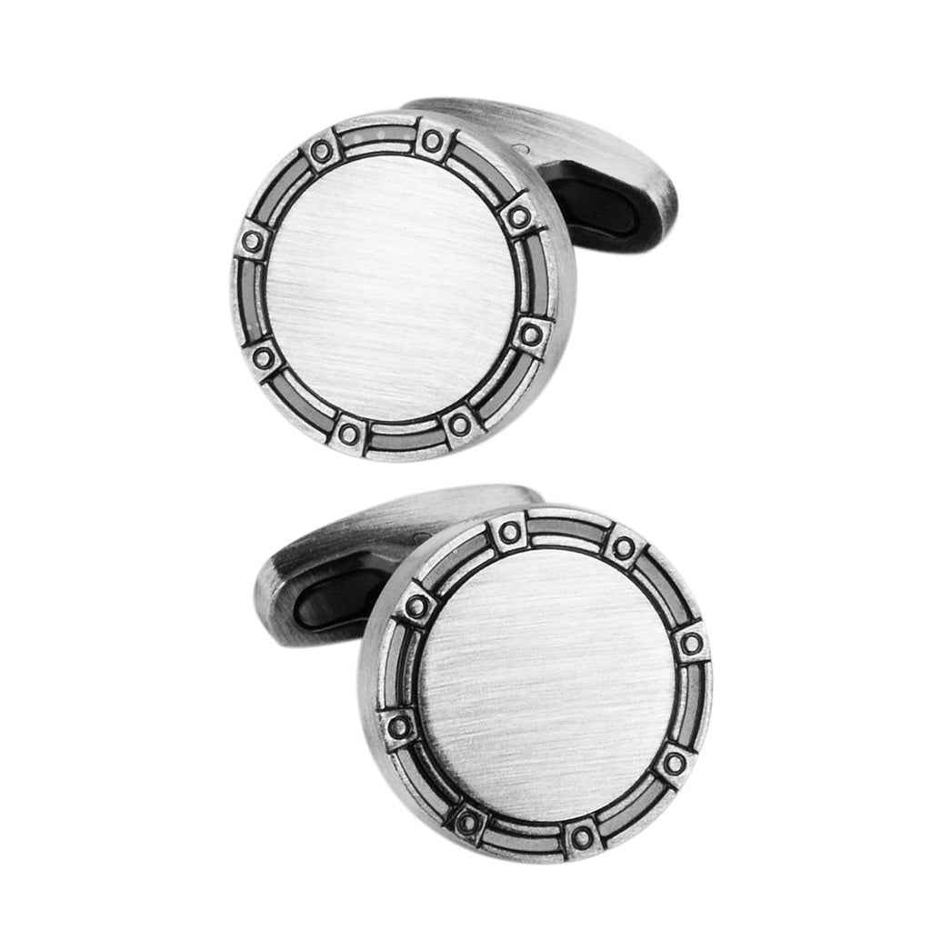 Antique silver round brushed metal cufflinks, circular bezel with stud details