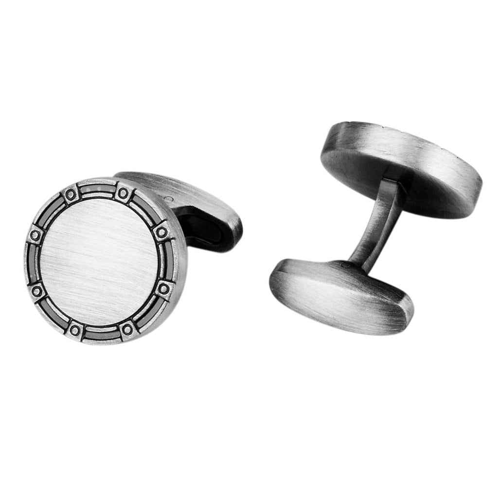 Antique silver round brushed metal cufflinks, circular bezel with stud details