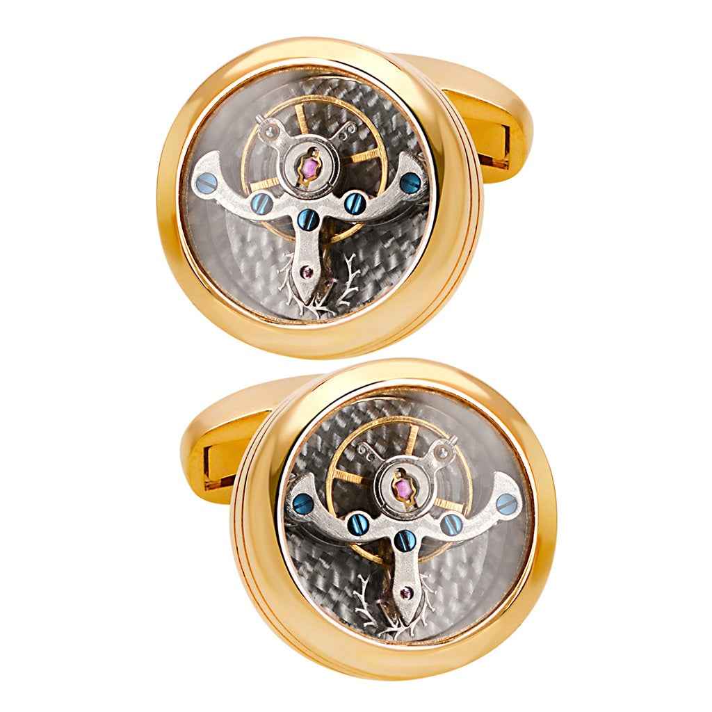 Luxury tourbillon movement cufflinks in gold tone, round gear design