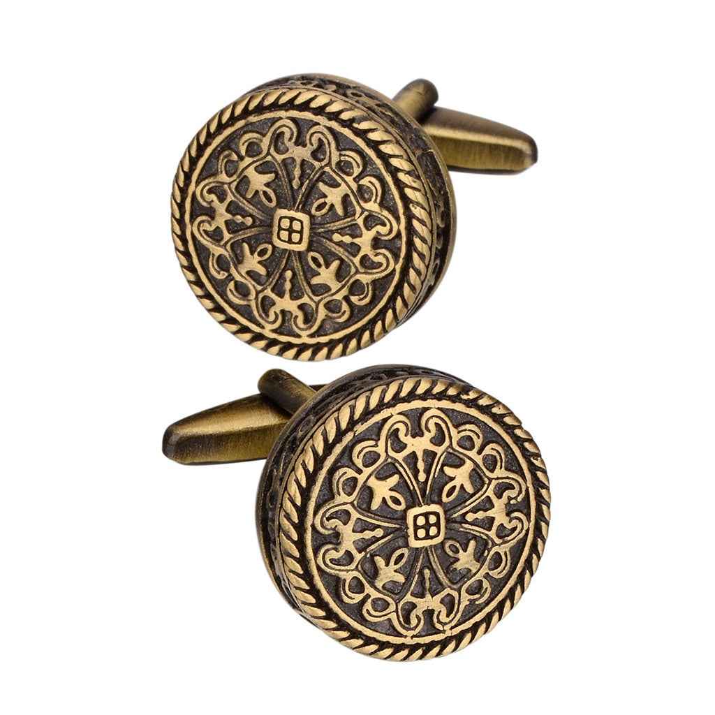 Antique bronze round cufflinks, engraved filigree with small square center