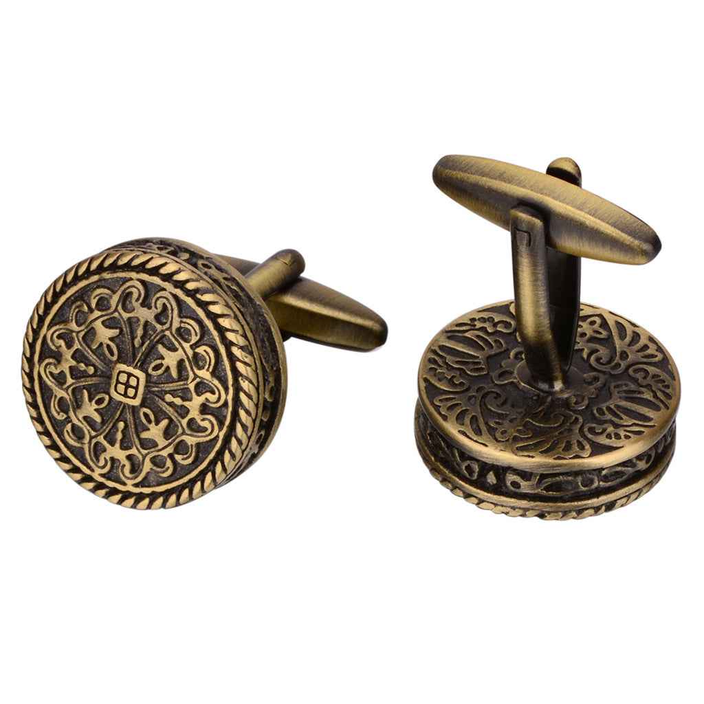 Antique bronze round cufflinks, engraved filigree with small square center