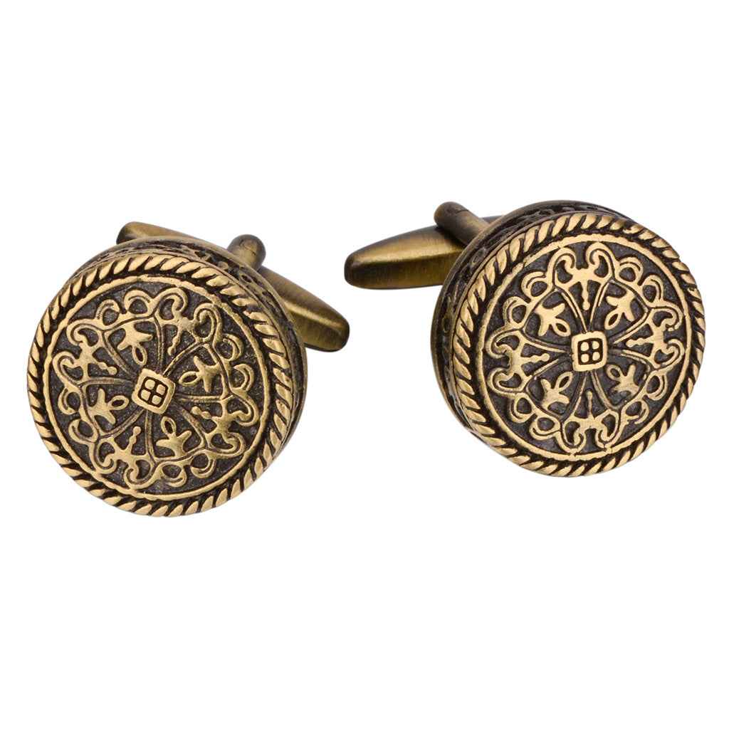 Antique bronze round cufflinks pair, engraved crest with ornate outer border