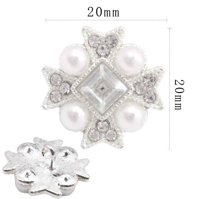 Silver star shank button with pearls and clear rhinestone details
