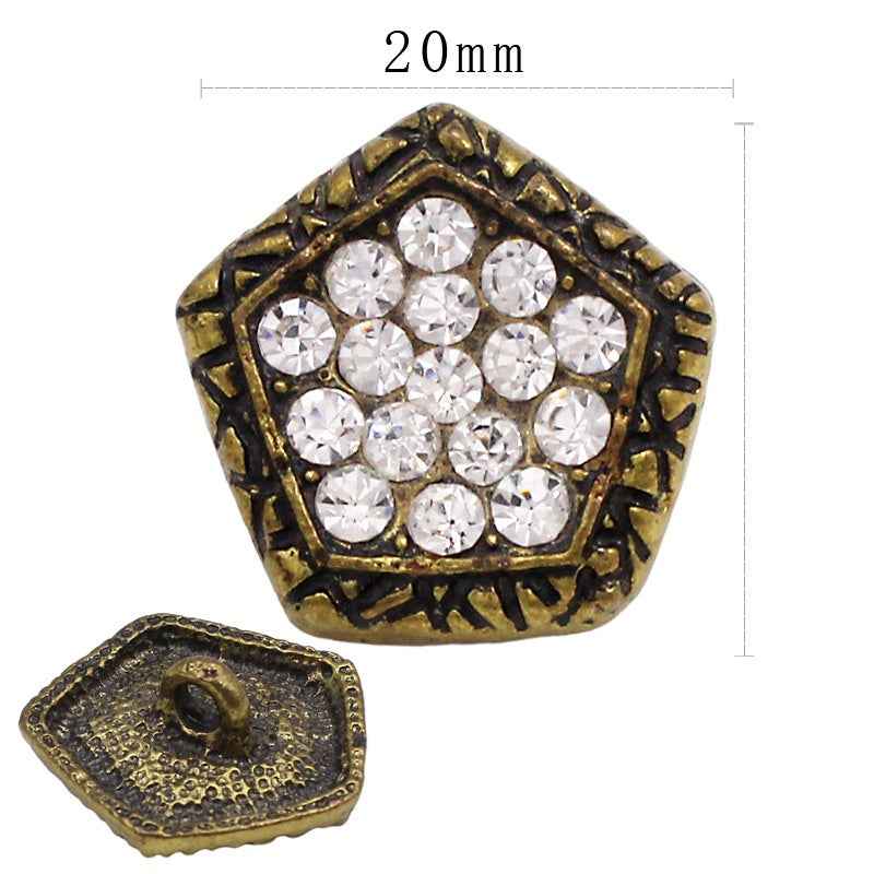Pentagon bronze rhinestone shank button, 20mm metal setting