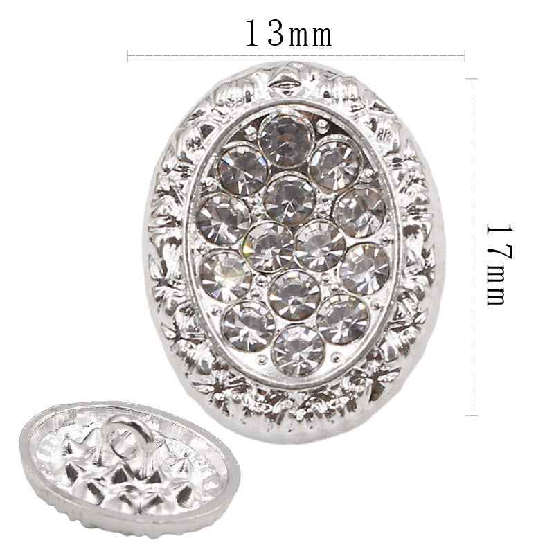 Oval silver rhinestone shank button, 17mm metal setting