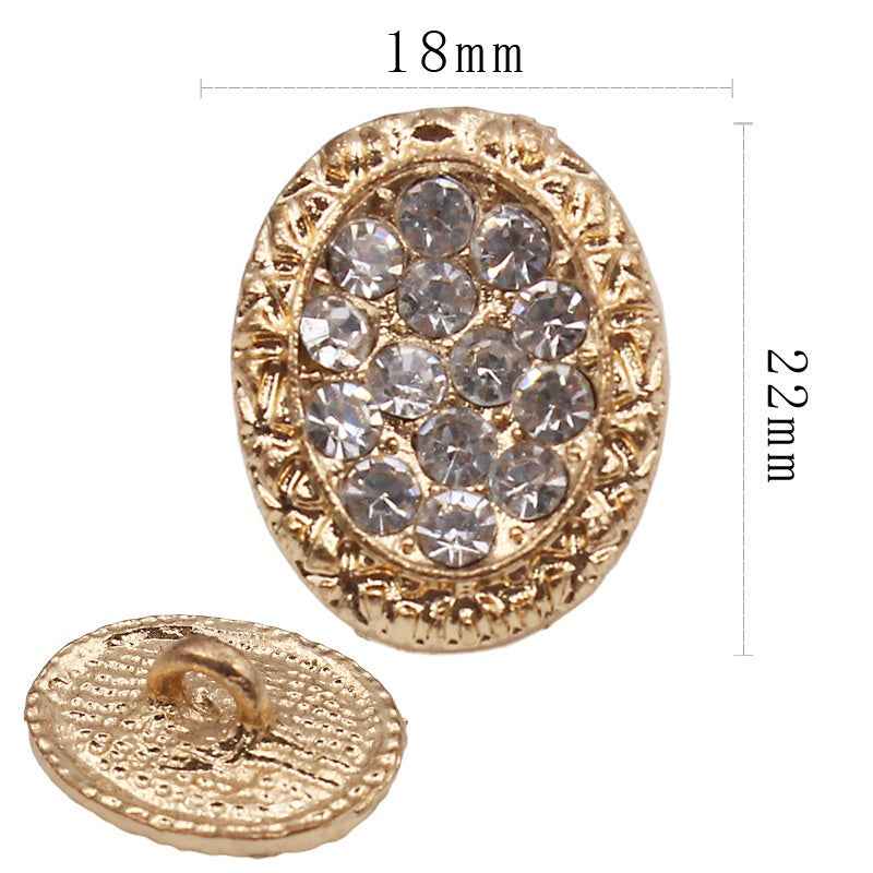 Oval gold rhinestone shank button, 22mm metal setting