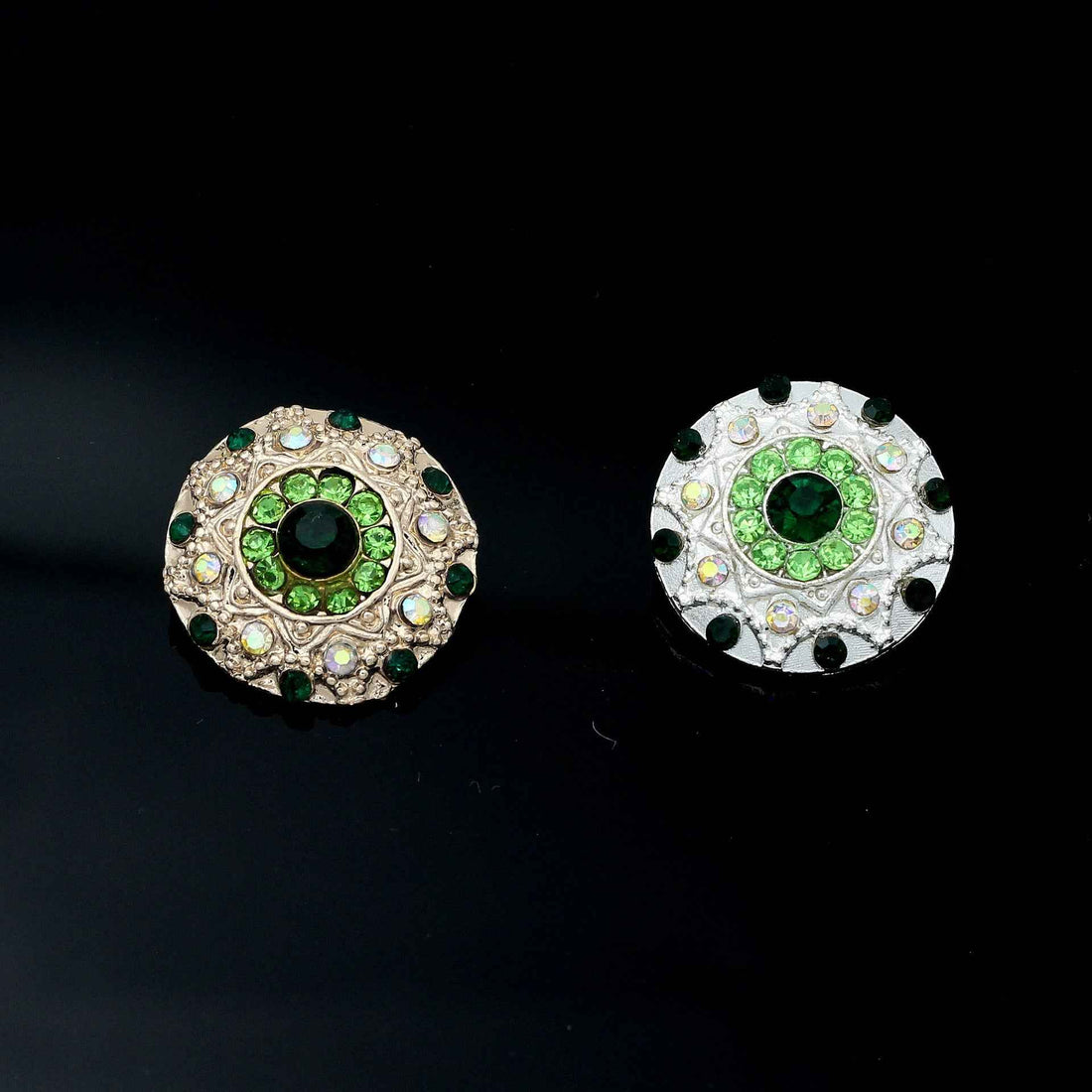 Round rhinestone buttons with green center, gold and silver tones, metal shank (pair)