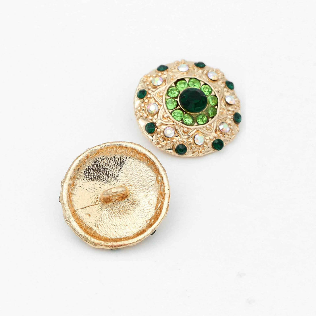 Round rhinestone buttons with green center, gold and silver tones, metal shank (pair)