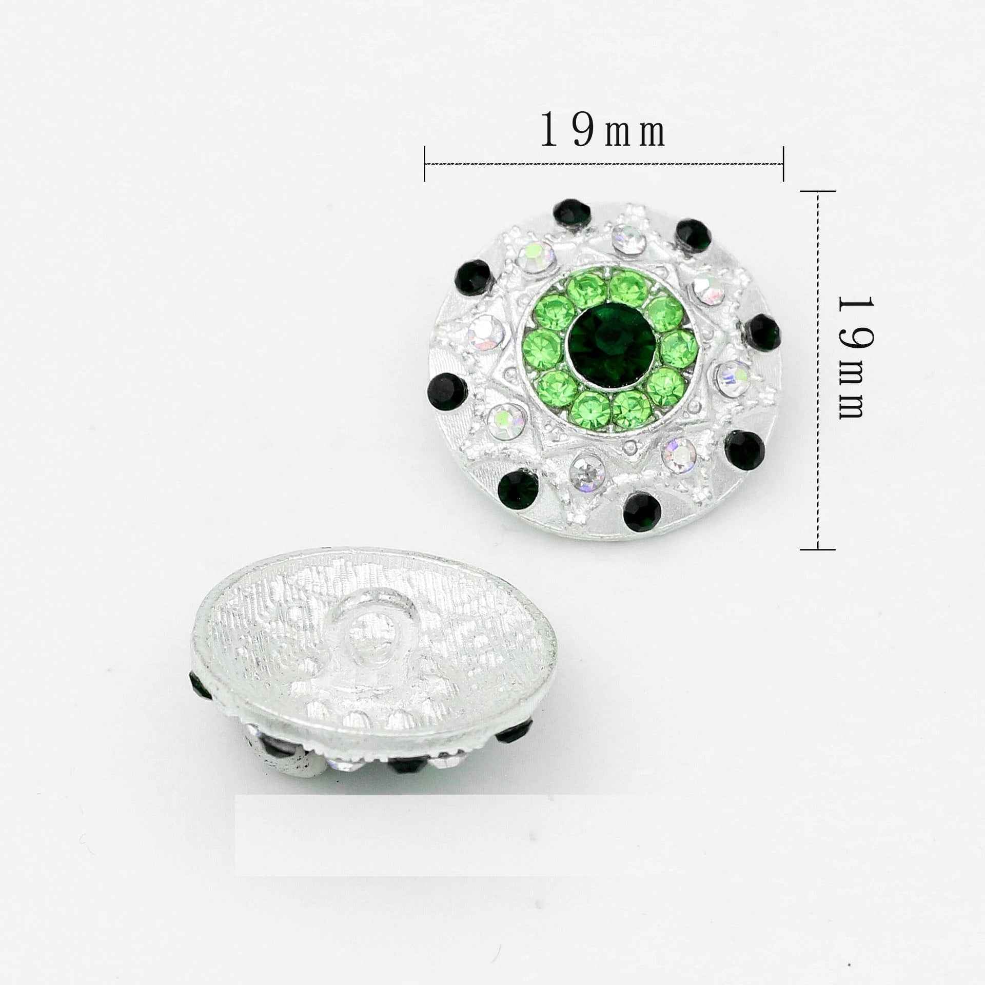 Silver round rhinestone button, green center; metal shank, 19mm diameter