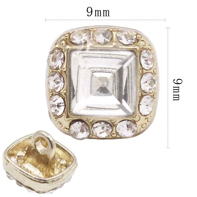 9mm gold-tone round-square crystal shank button with square rhinestone border