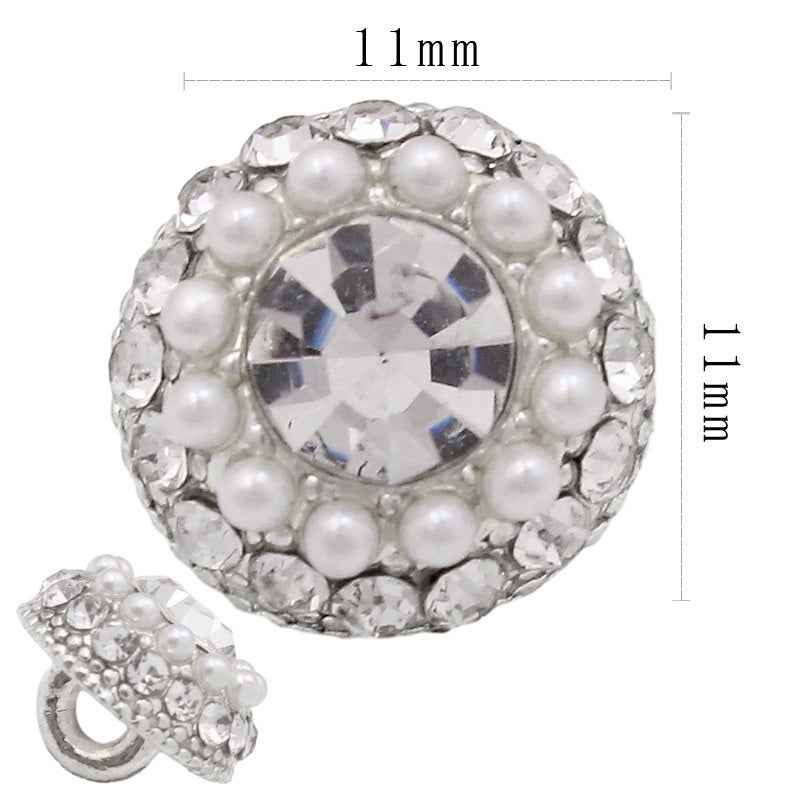 11mm pearl and rhinestone round crystal shank button, white beaded edge