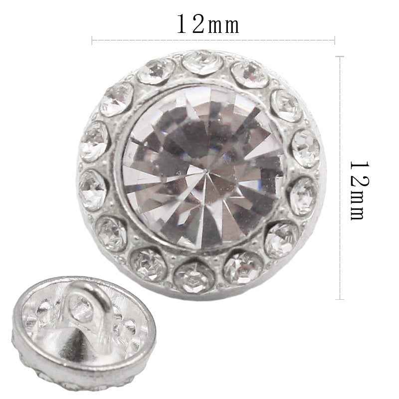 12mm silver-tone round crystal rhinestone shank button with faceted center stone