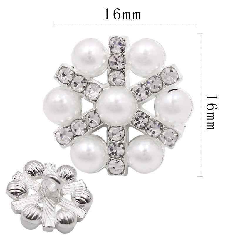 16 mm pearl & rhinestone shank button set, flower design with round faux pearls