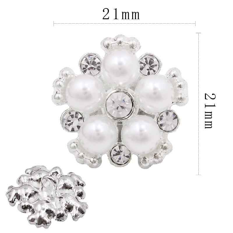 Pearl rhinestone shank button, silver-tone with faux pearl center, clear crystals, 21mm