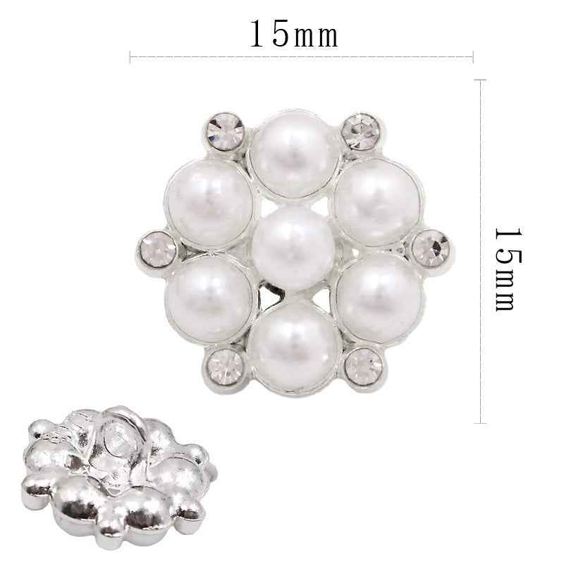 Pearl rhinestone shank button, white faux pearls with small crystal set, silver-tone, 15mm