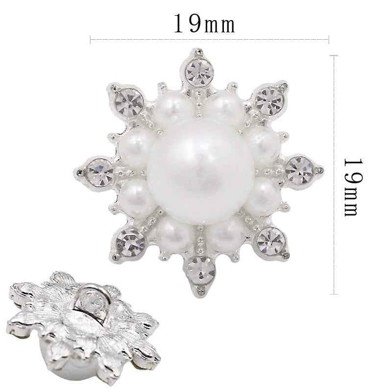 Pearl rhinestone shank button, silver-tone snowflake style with faux pearls, 19mm
