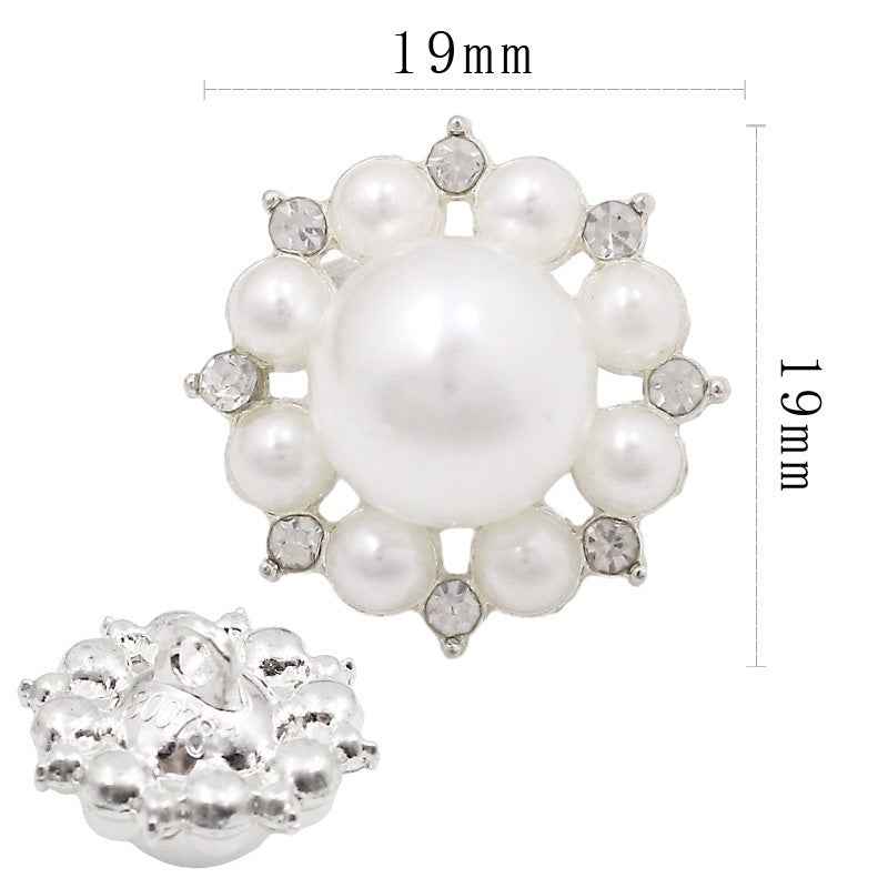 Pearl rhinestone shank button, silver-tone flower with faux pearl petals and clear stones, 19mm