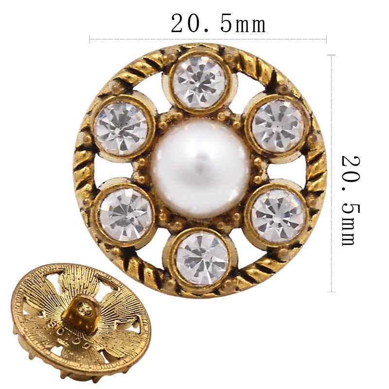 20.5mm gold round pearl button with clear rhinestone in each setting and prongs