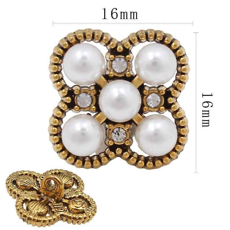 16mm gold heart/flower pearl button with 5 pearls and small clear rhinestone stones