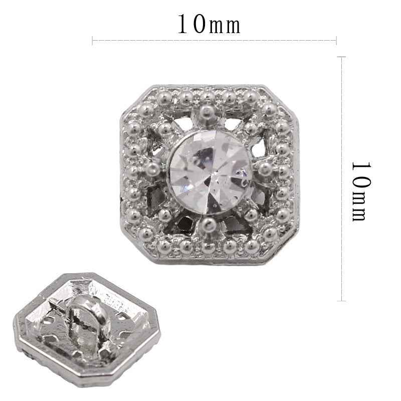Clear rhinestone square shank button, 10mm, faceted center stone in silver setting