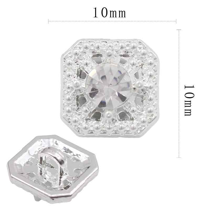 Clear rhinestone square shank button, 10mm, silver-tone sparkling bezel and stud border