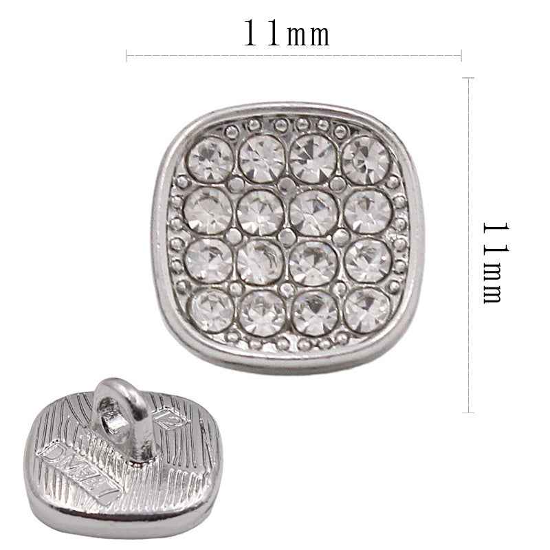 Silver-tone square rhinestone shank button, 11mm, round crystals in a grid pattern