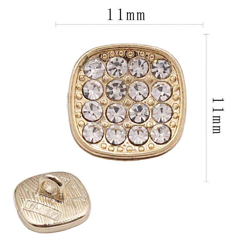 Gold-tone square rhinestone shank button, 11mm, small clear crystals across the surface