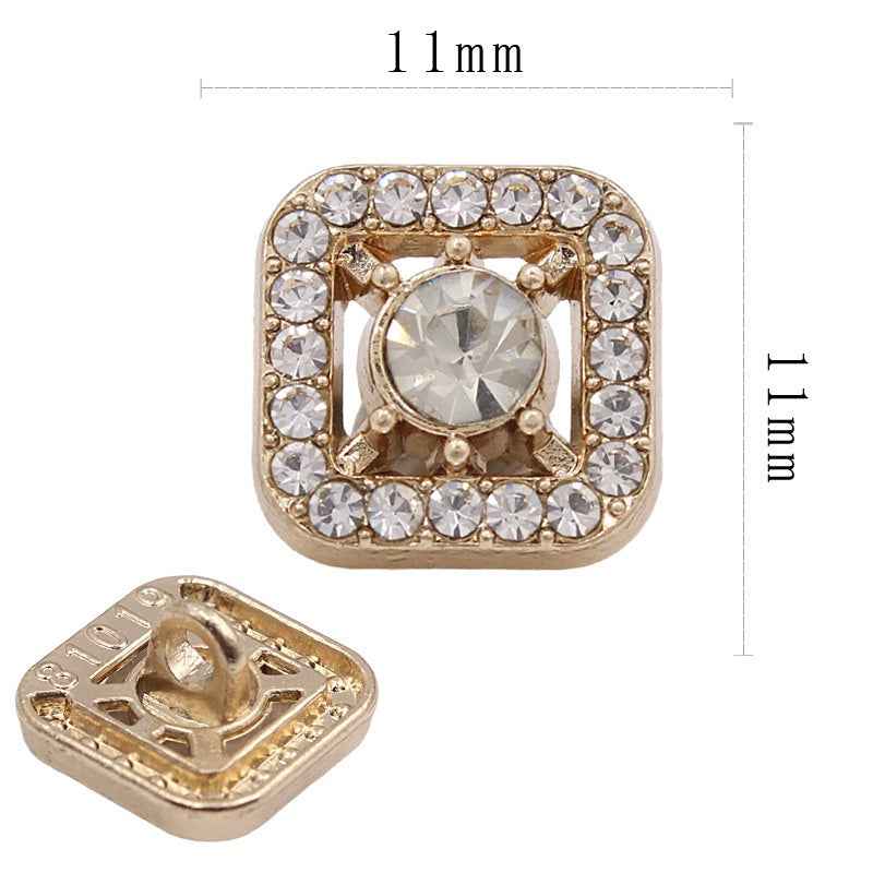 Gold-tone square rhinestone shank button, 11mm, large central crystal with border of clear stones