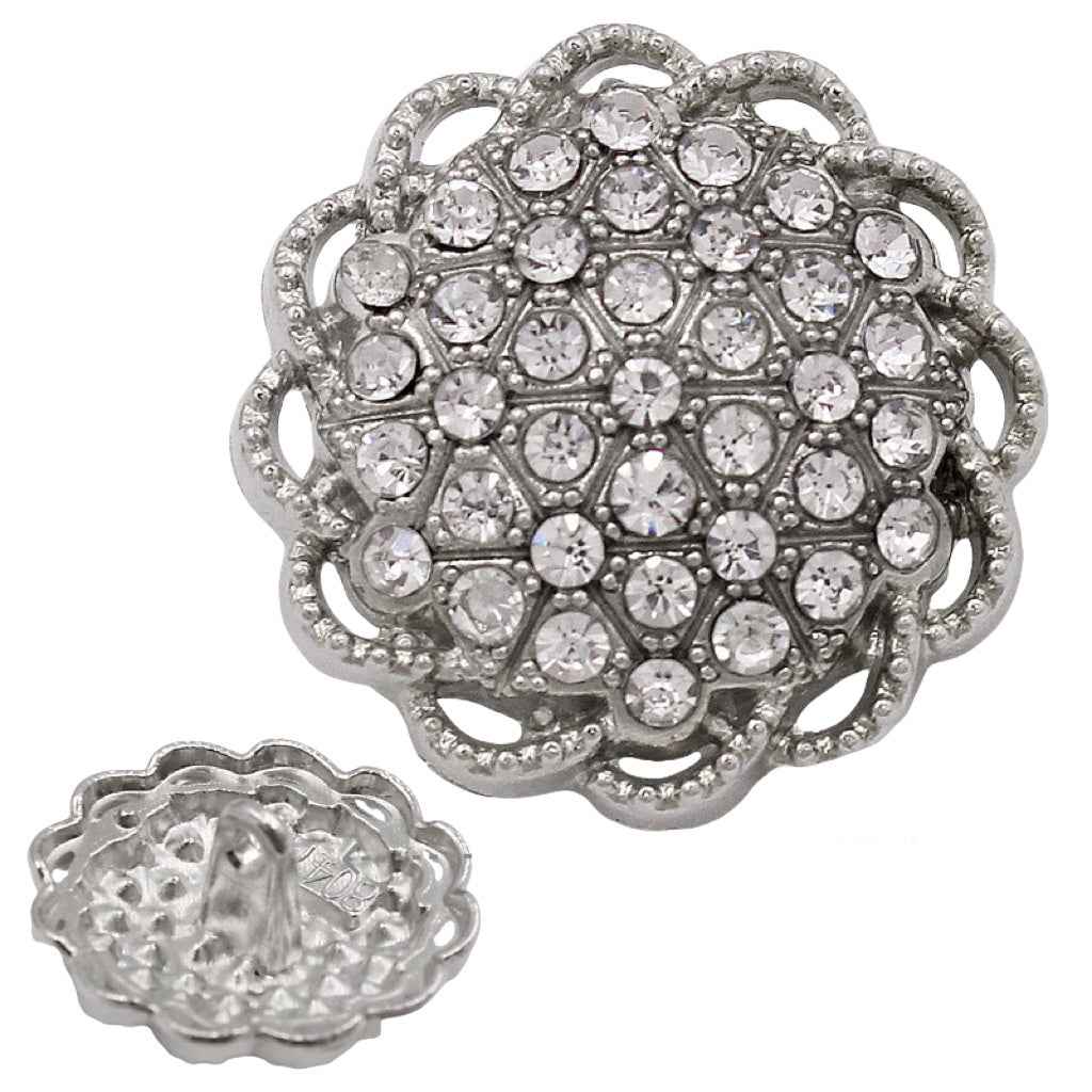Silver round floral rhinestone shank button, ornate crystal pattern (20 pcs)