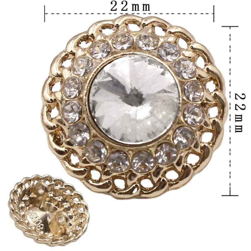 Light gold crystal glass button with round rhinestone edge, double shank, 22mm