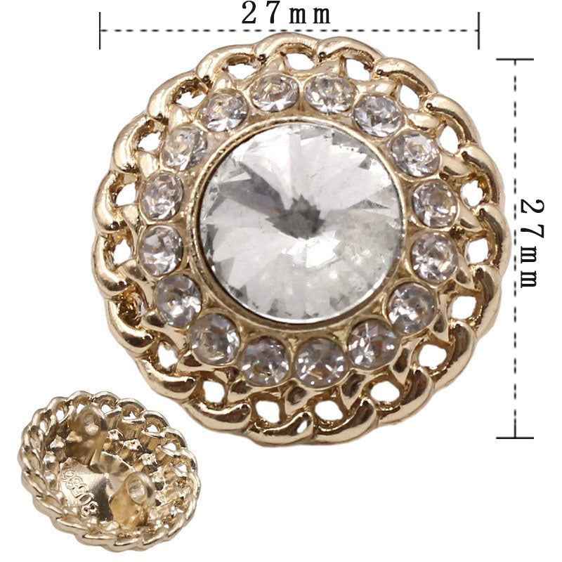 Light gold crystal glass button with round rhinestone edge, double shank, 22mm