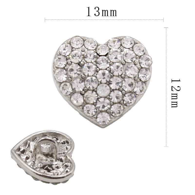 Heart-shaped rhinestone button (13mm) with clear stones, silver-tone back view