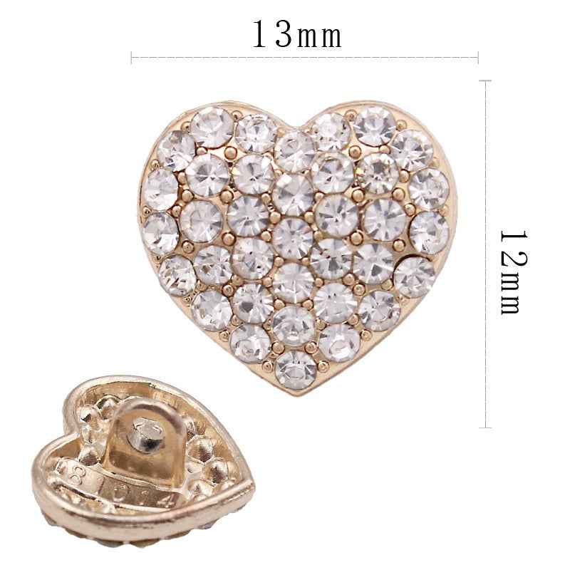 Heart-shaped rhinestone button (12mm) with white crystals, rose-gold back view