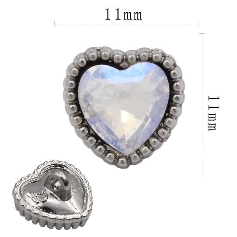 Heart-shaped rhinestone button (11mm) with light opal stone, silver-tone border