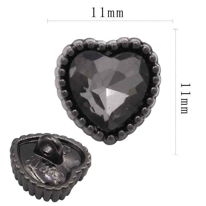 Heart-shaped rhinestone button (11mm) with dark faceted stone, black-tone border