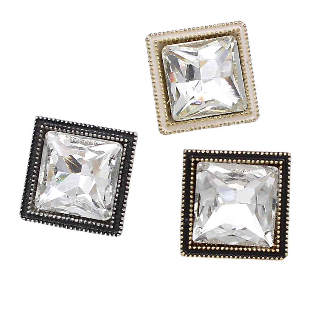 Set of square crystal shine glass buttons: gold, black and dark-trim frames with clear centers