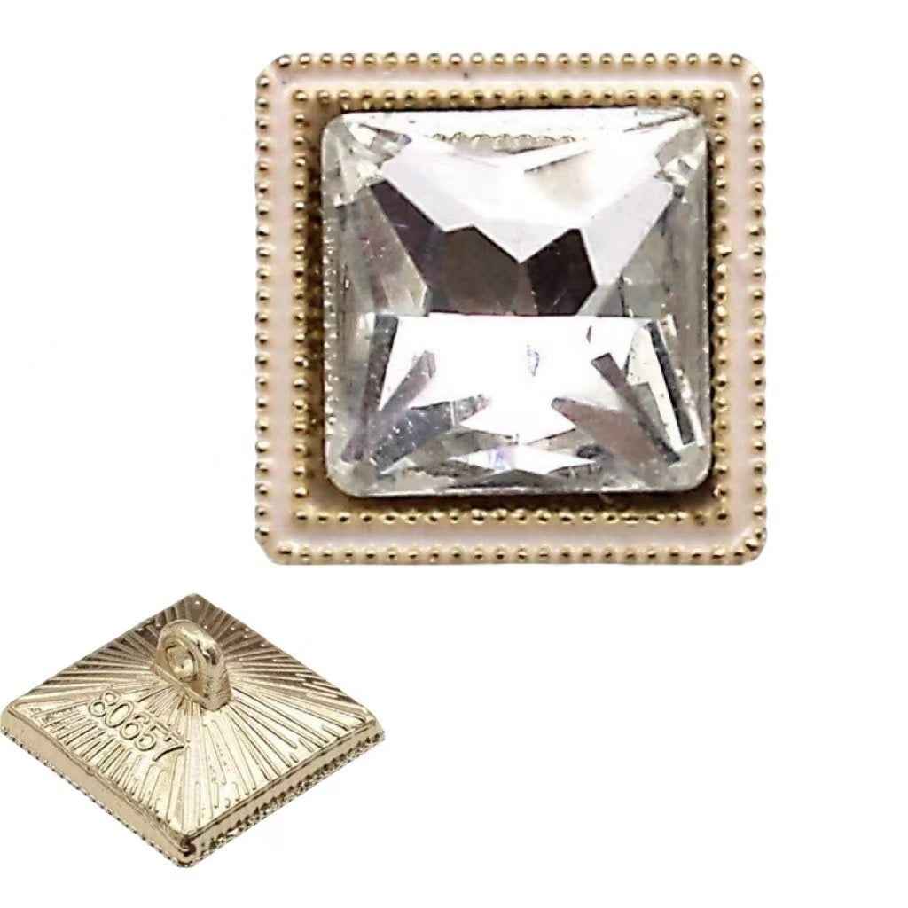 Square crystal shine glass button, gold frame with clear faceted crystal center