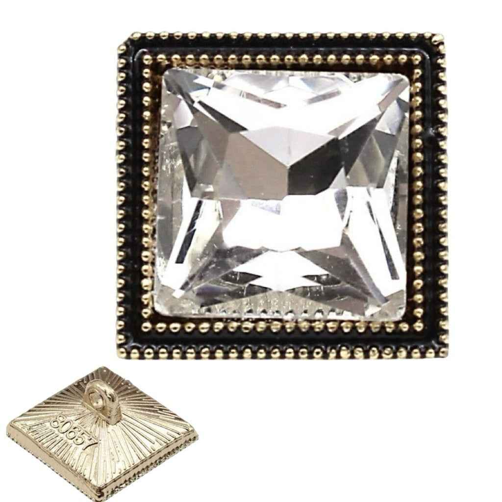 Square crystal shine glass button, dark frame with gold inner trim and clear crystal center