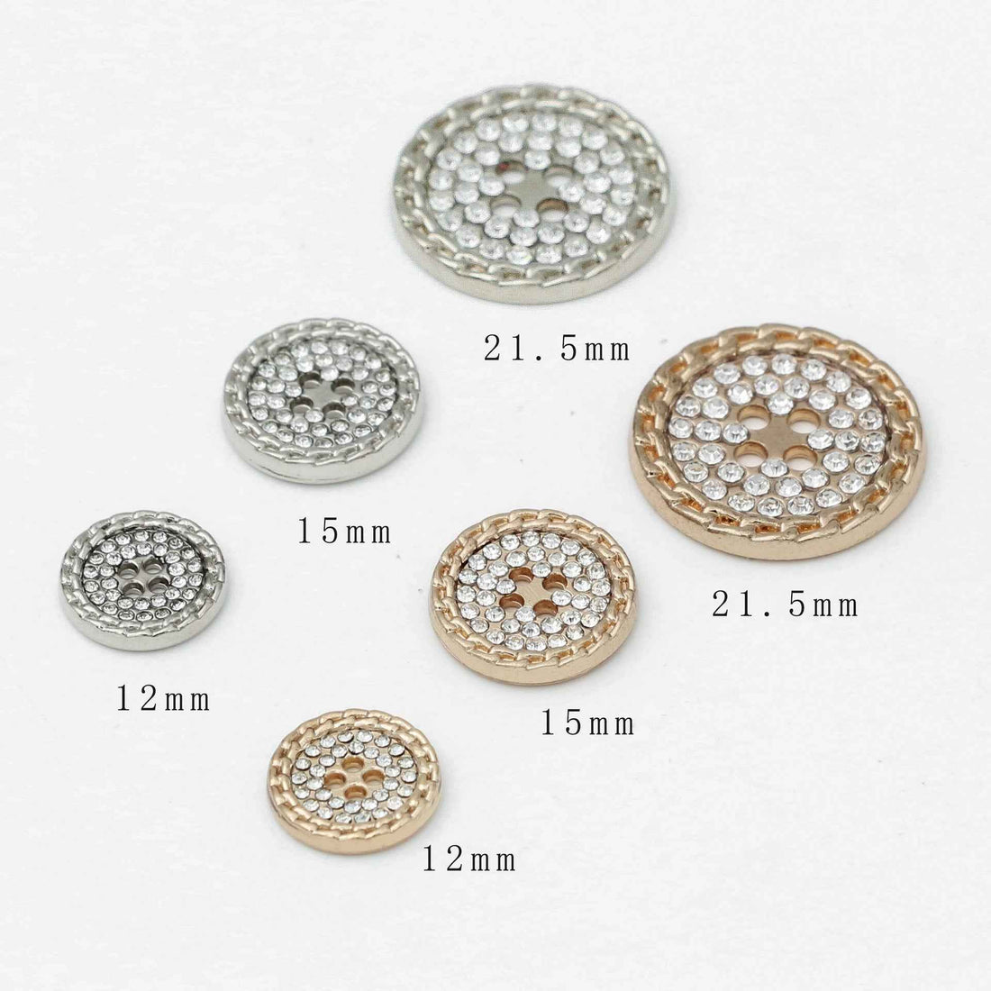 Rhinestone 4-hole round buttons, silver and gold, crystal-studded border, 12–21.5mm