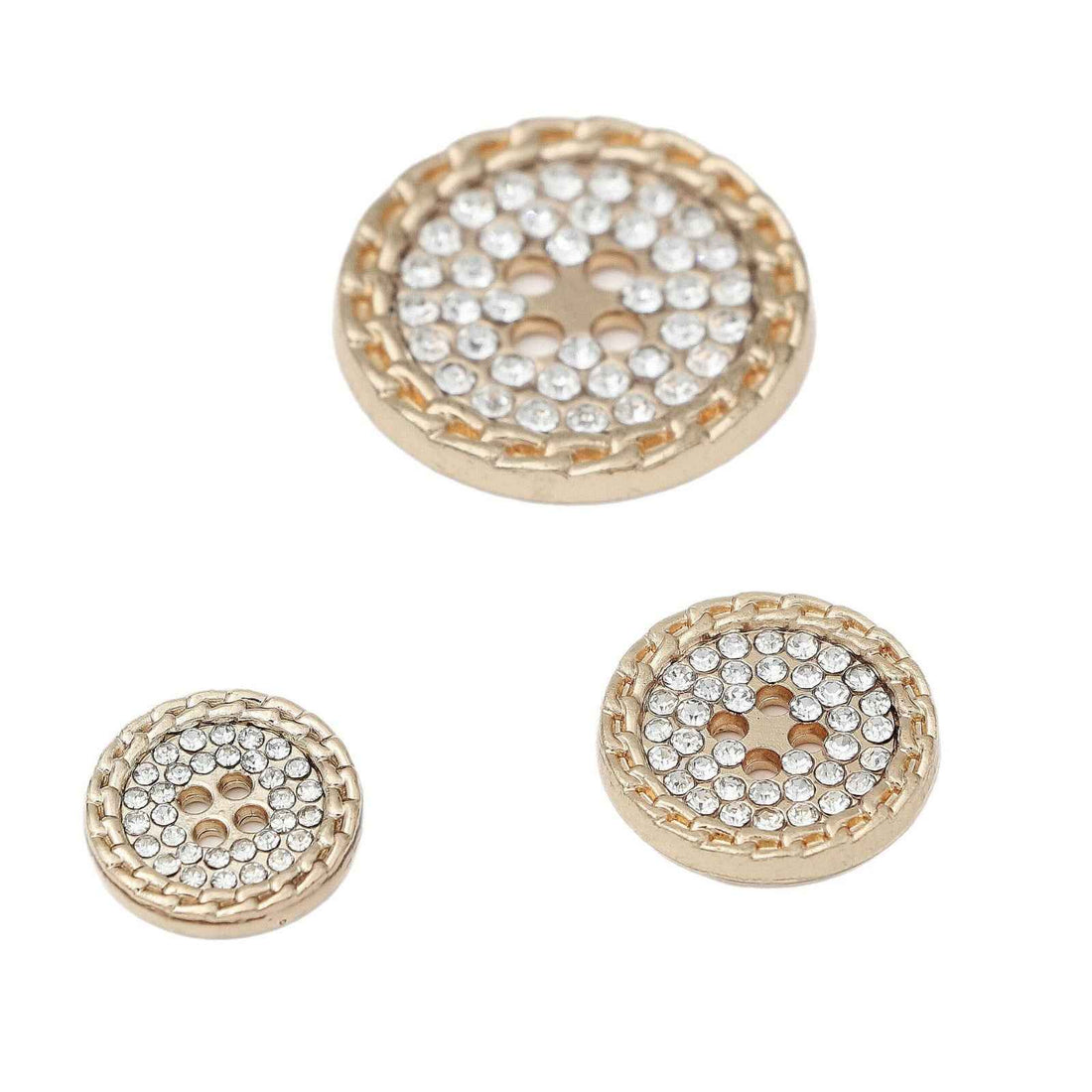 Rhinestone 4-hole round buttons, silver and gold, crystal-studded border, 12–21.5mm