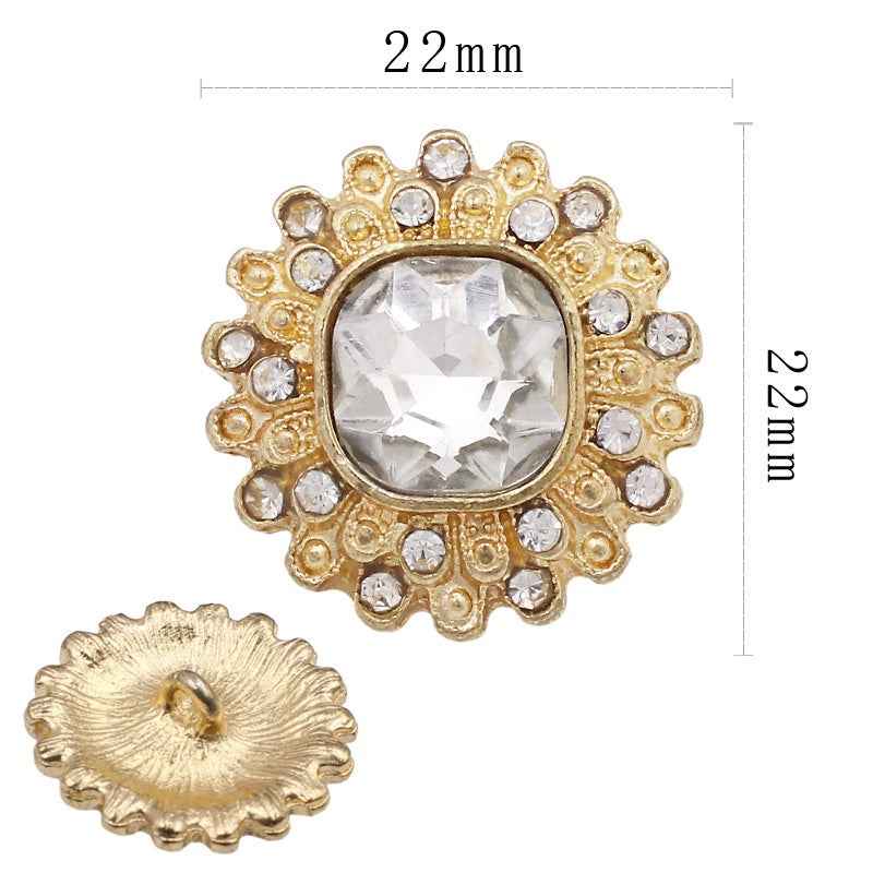 22mm clear crystal shank button with gold scalloped border and small rhinestones
