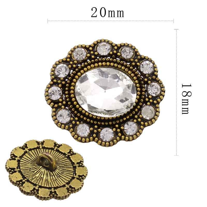20mm antique gold oval rhinestone shank button with clear crystals halo