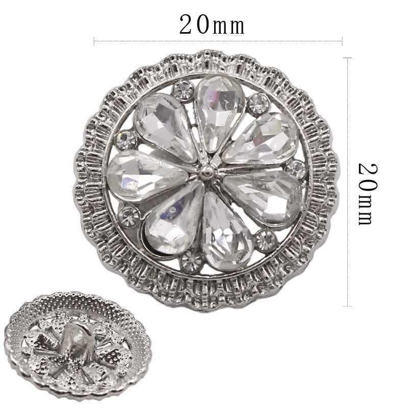 20mm round sew-on rhinestone button, clear faceted stones, silver prong setting