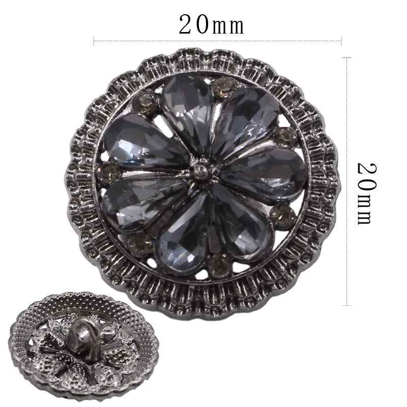 20mm round sew-on rhinestone button, dark faceted stones, silver prong setting