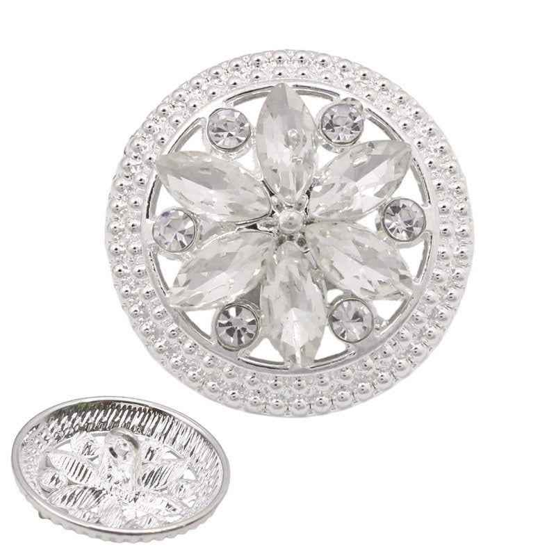 Silver round crystal flower button with clear center stones and sparkling edge