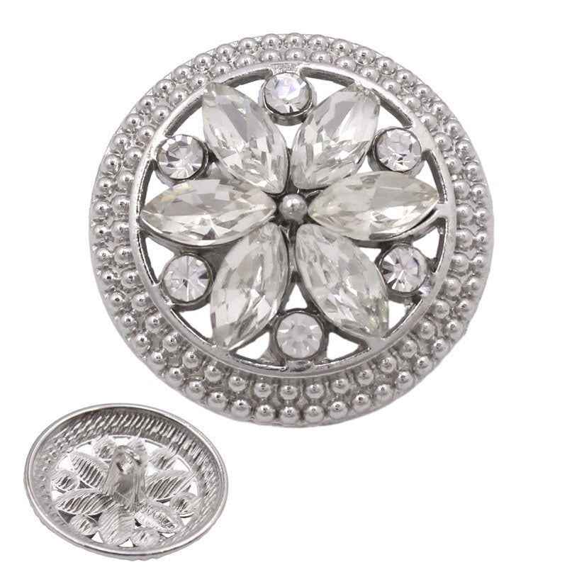 Silver round crystal flower button with beaded border and large central petals
