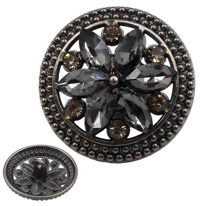 Dark gunmetal round crystal flower button with beaded outer border and black gems