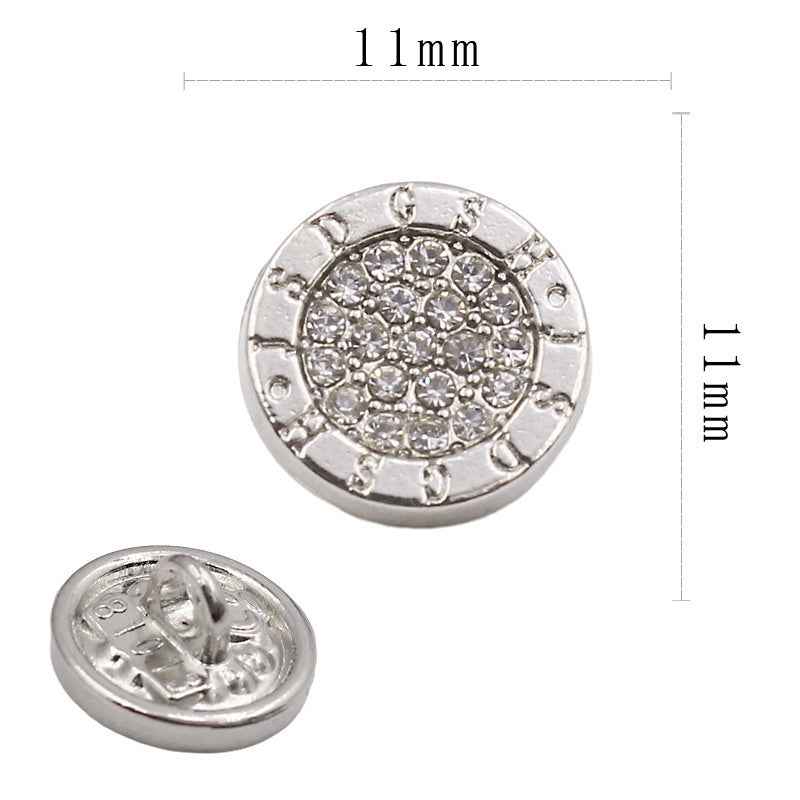Silver round rhinestone shirt button, 11mm, with X-shaped shank on crystal surround