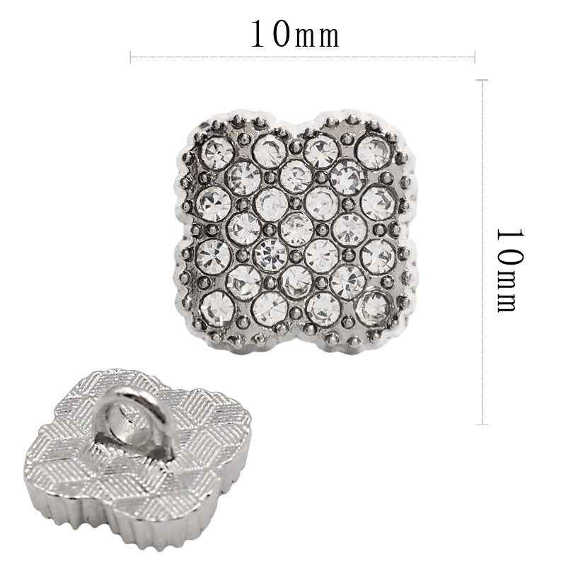 Silver square rhinestone shirt button, 10mm, with ridged back and central shank